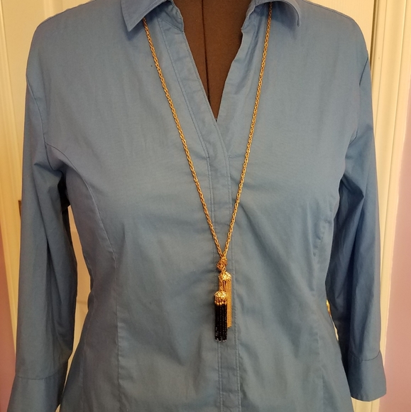 Blue Women's 3/4 Length Sleeve Button Down - Picture 2 of 5